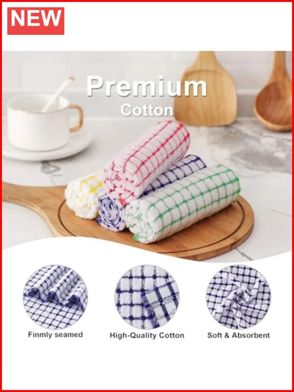 Cotton 8 Pack Terry Kitchen Dish Cloths Plaid Absorbent Washable 12x12